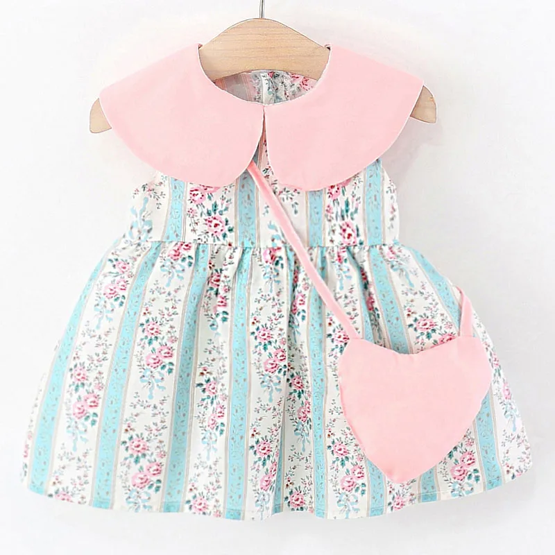 

Summer Kids Girls Clothes Korean Fashion Stripe Flowers Sleeveless Cute Doll Collar Princess Toddler Dress+Bag Baby Dresses B101