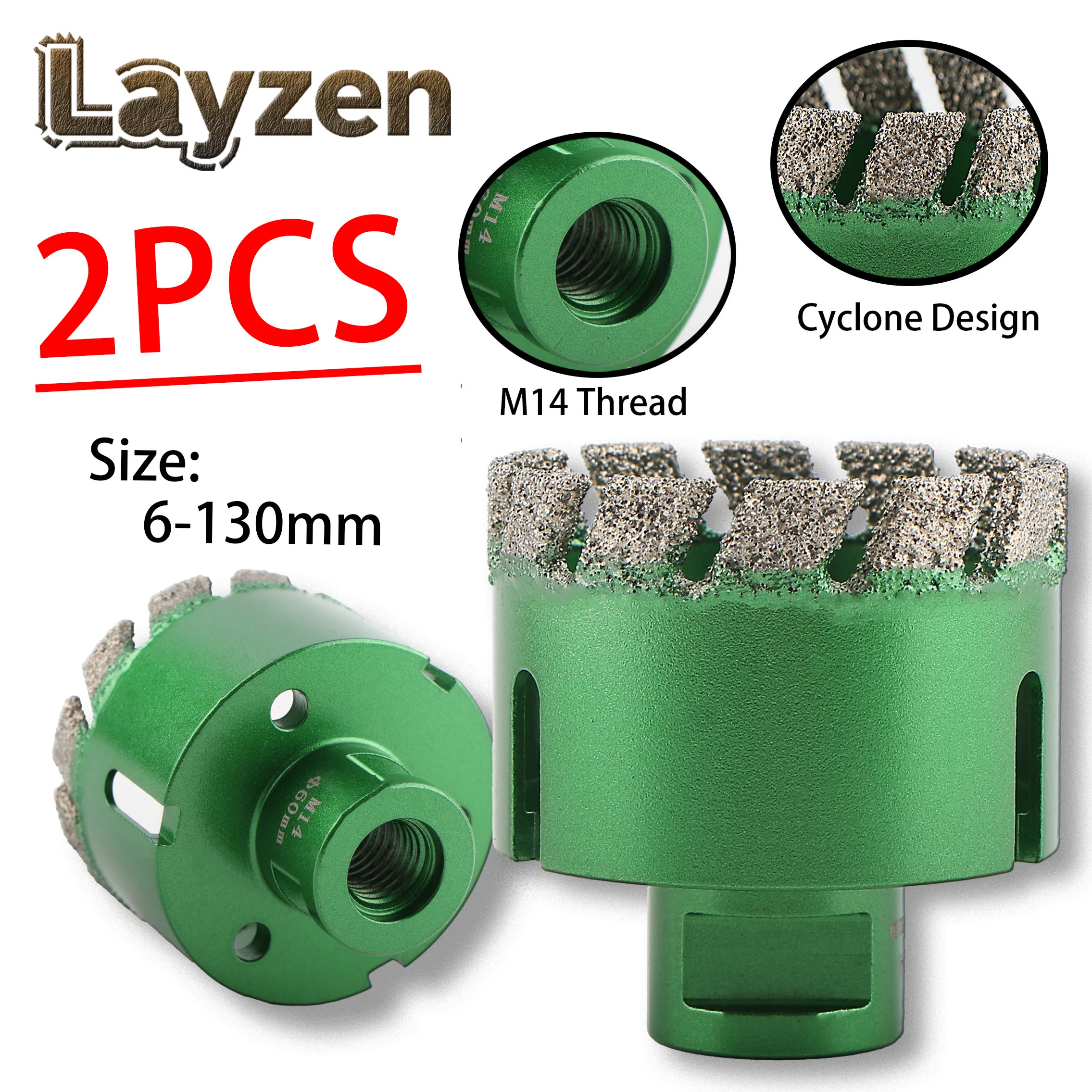 

2PCS 6-130mm M14 Thread Vacuum Brazed Diamond Dry Drill Bit Core Bit Hole Saw Cyclone Type For Porcelain Tile Granite Marble