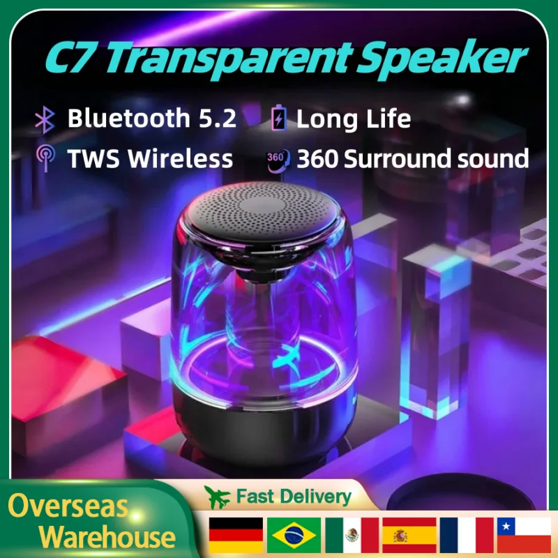 C7 Transparent Crystal Bluetooth Speaker Wireless Speaker Bluetooth LED Colorful Light Subwoofer Sound Box For Phones Tablet PC