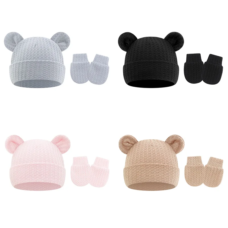 

Новый комплект: шапка и варежки для новорожденных, весенний, с милыми ушками медведя, для мальчиков и девочек, вязаные вафельные шапки, подарок на выписку/на рождение ребенка, 2 шт.