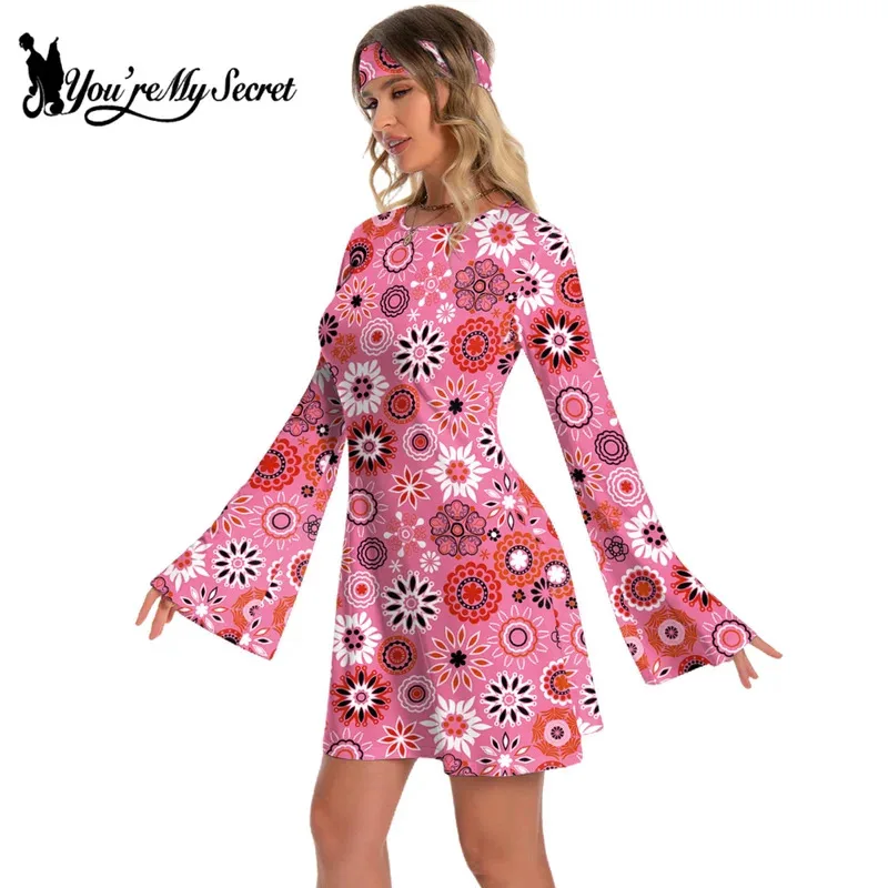 [أنت سري] فستان نسائي 60s 70s Go Go Retro Hippie Boho مزين بالزهور ديسكو فستان الهالوين للحفلات التنكرية