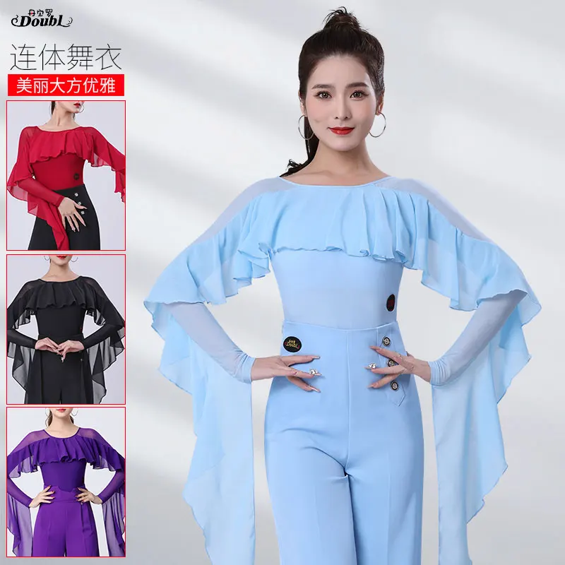 Doubl Ballroom Dance Top Women's New Fashion Double Flapper Sleeve With Breast Cushion Onesie High-end Ballroom Dancing Clothes