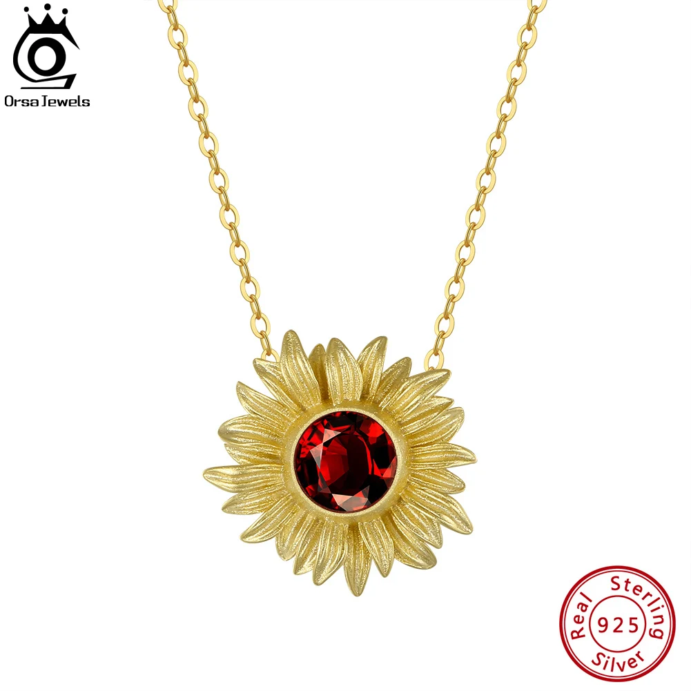 

ORSA JEWELS 925 Sterling Silver Natural Garnet Sunflower Pendant Necklace Women Girls Vintage Choker Chain Jewelry Gift GMN22