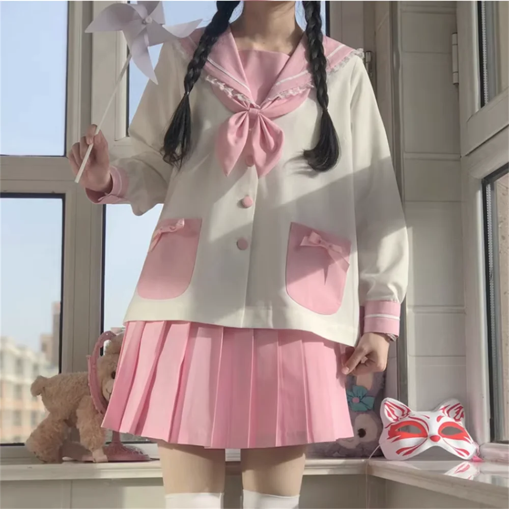 Kindergarten JK Uniform Student Long Sleeve Loose Fall Pink Rabbit Ear Top Short Skirt Lolita Set