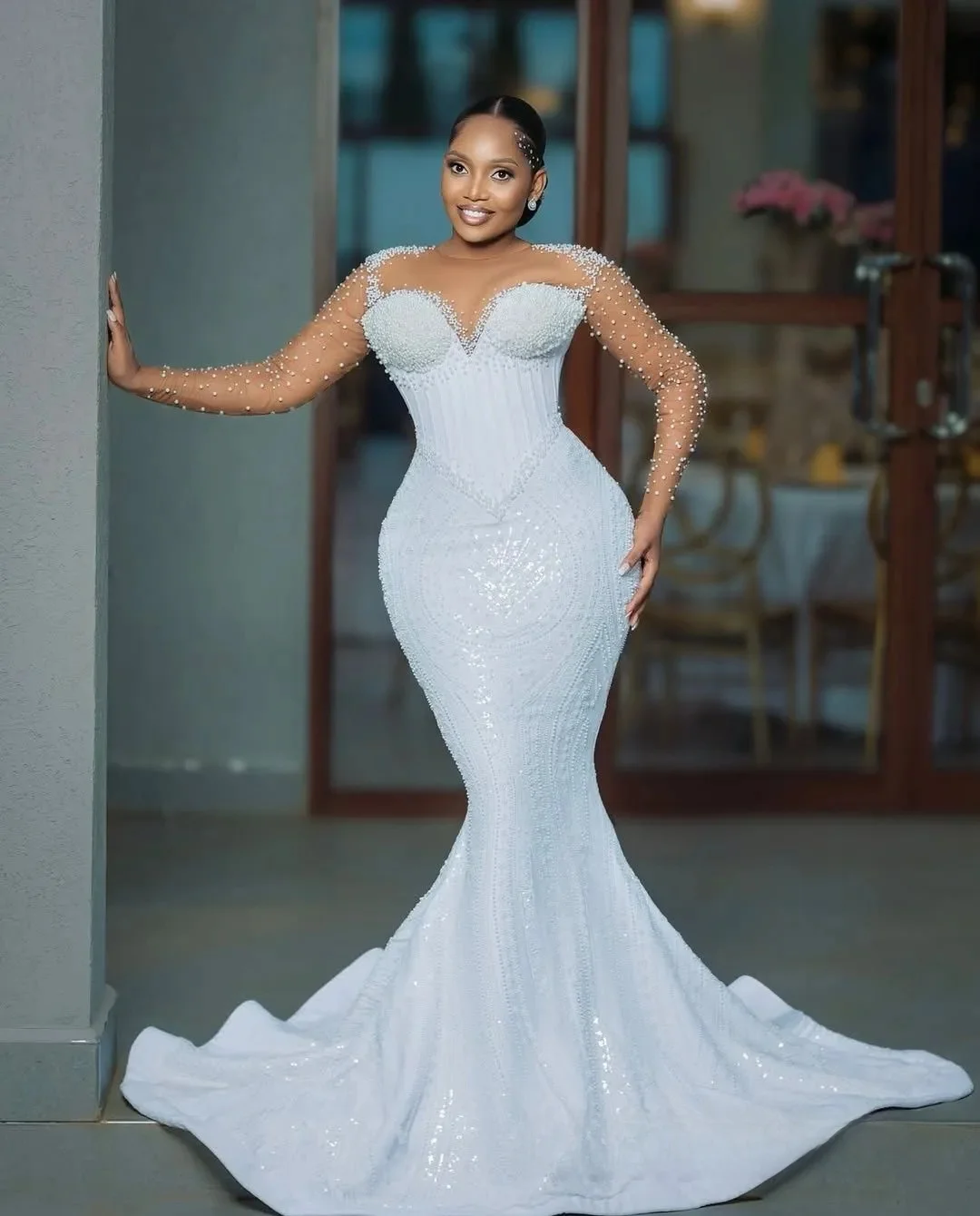 Customized Wedding Dresses Bridal Gowns For Bride Mermaid Marriage Dress Sheer Neck Long Sleeves Beaded Lace