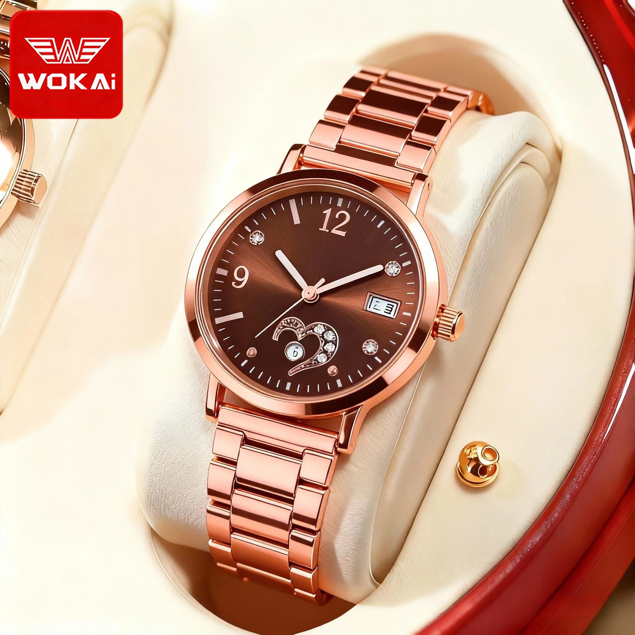 

WOKAI высококачественные, модные и повседневные кварцевые часы со стальным ремешком для женщин, календарь в форме сердца, часы богини и девушки