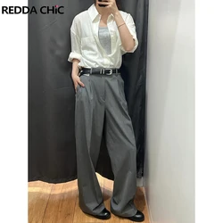 ReddaChic Elegant Gray Dressy Suit Pants for Women Pleated High Waist Wide Leg Long Trousers Business Casual Tailored Pants