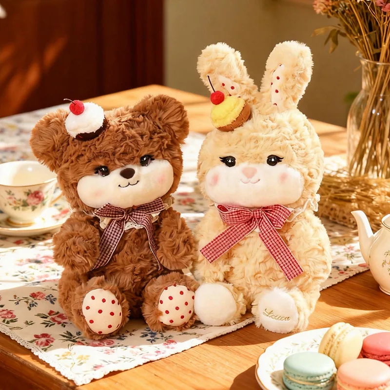 

New Creative Cute Cake Bear Plush Toys Soft Stuffed Animals Fluffly Bunny Wear Cakes Hat With Pastry Cake Dolls for Kids Gifts