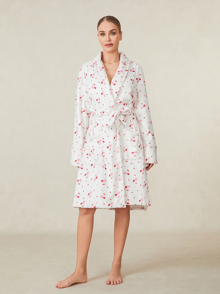 Women Dressing Gown Robe Cherry Print Shawl Collar Bathrobe for Hotel Spa Party Kimono Robe with Belt