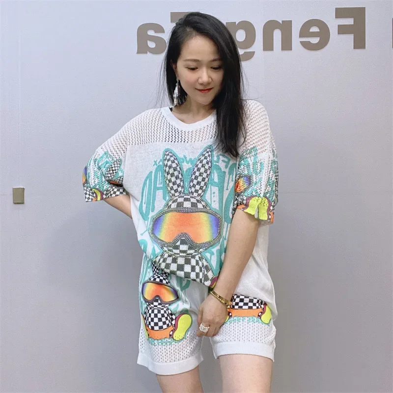 

2025 New Summer Women Two-piece Set Hollow Out Short Sleeve Bunny Hot Drilling Knitted T-shirt Top+Loose A-line Shorts Suit