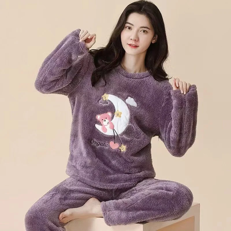 Women Pajamas Autumn Winter Flannel Warm Woman Sleepwear Korean cute Cartoon Pajama Set Fashion Pijama Mujer Home Cloth Pyjamas