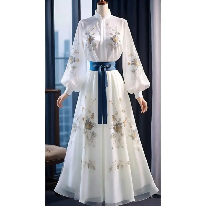 フレンチホワイトプリントシフォンドレス女性の夏の新しいハイエンドファッション気質絶妙で快適なジョーカーカジュアルスカート。