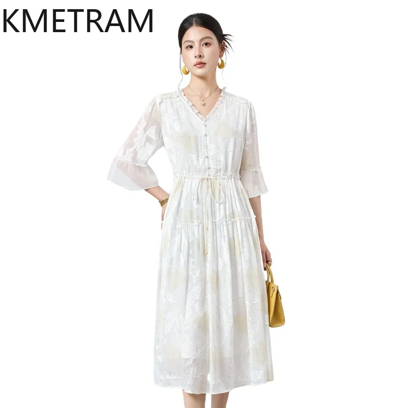 KMETRAM 100% Natural Mulberry Silk Dresses for Women Elegant V-Neck Midi Dress Flared Sleeve Summer Frocks Woman Clothes 2026원피스