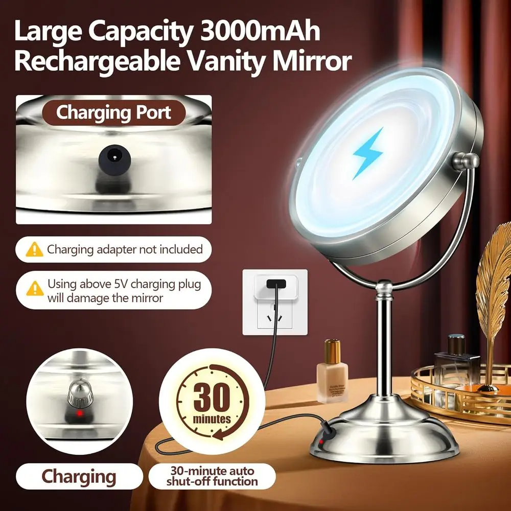 9 Rechargeable LED Makeup Mirror with 30-Minute Timer, 3 Lighting Modes, Adjustable Brightness, 360° Rotation, Pearl Nickel Fini