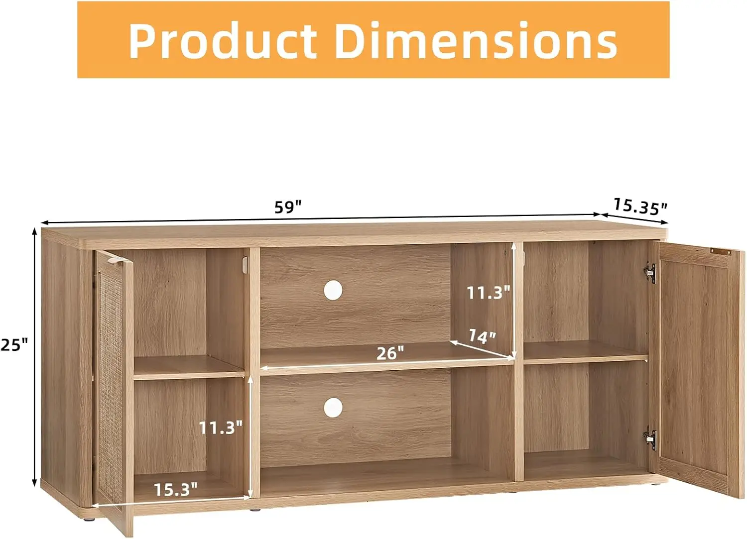 Rattan Tv Stands Living Room Natural Wood Boho Media Console Rounded Corners Six Large Storage Compartments Floor Standing Desig