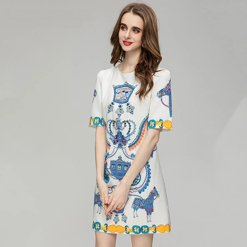 

New Summer Fashion Runway Luxury Women's O-Neck Short Sleeve Diamond Print Loose Waist Holiday Party Mini Dresses