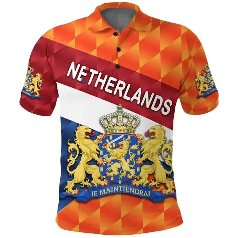 Spring and Summer Men Netherlands 3D Flag Print Country Logo Pattern Shirt Short Sleeve Top Summer Informal Shirt