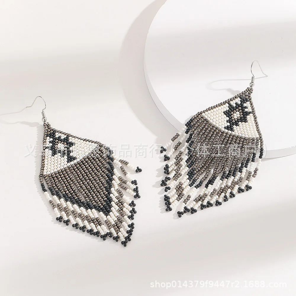 Rice bead earrings Tassel Originality Geometry Design Retro Hand knitting Bohemia Alloy Fashion Simple Beaded earrings