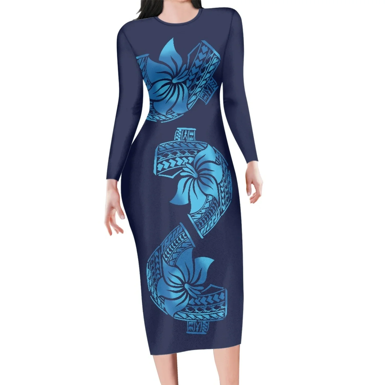 Women's Casual Sexy Maxi Dress, Long Sleeve Bodycon, Polynesian Tribal, Fijian Totem, Tattoo, Fiji Prints, O Neck, Oversized