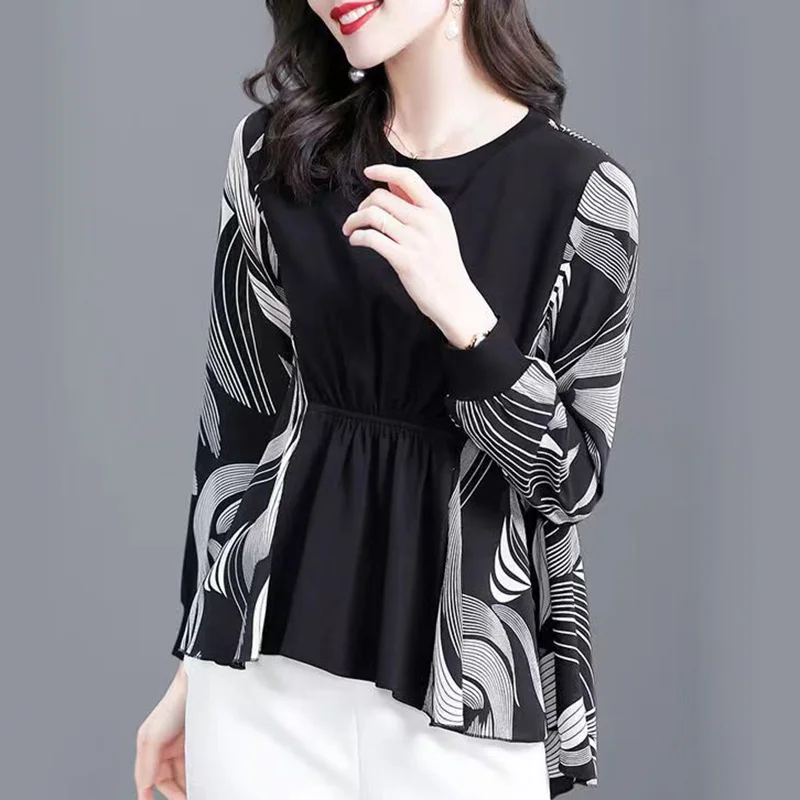 

Elegant Printed Spliced Shirring Irregular Blouse Women Clothing 2023 Autumn New Casual Pullovers Office Lady Asymmetrical Shirt