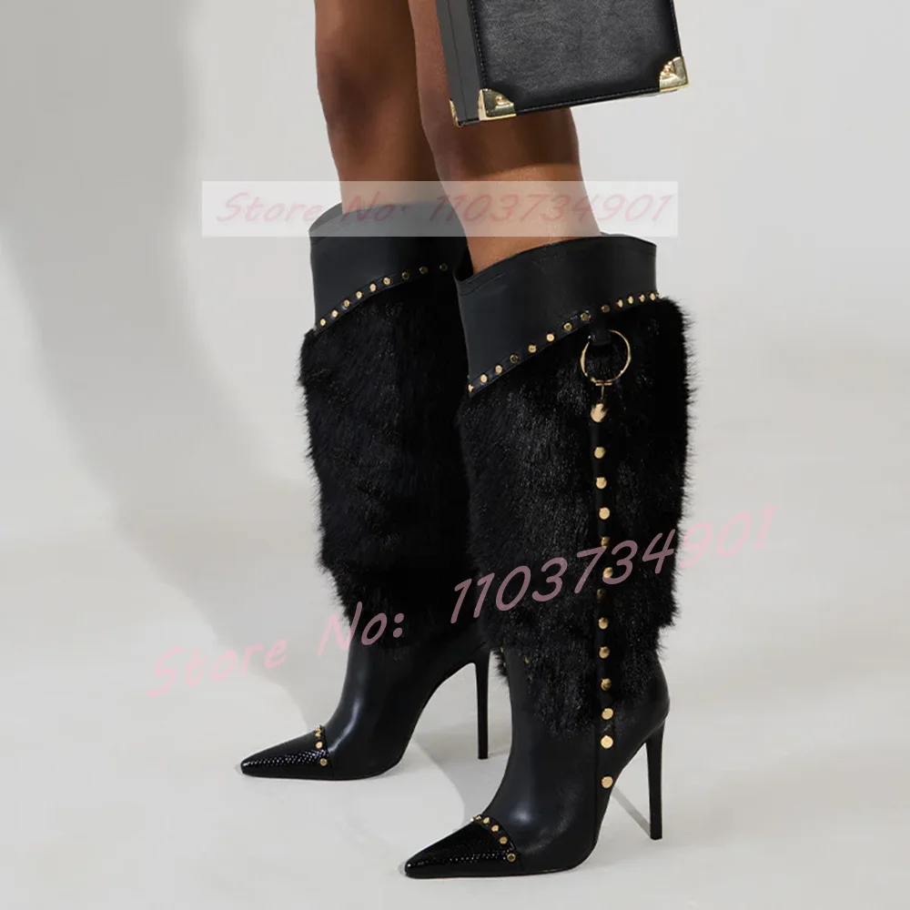 

Furry Rivets Knee High Boots Women Fashion Retro Pointy Toe High Heels Shoes Female Party Patent Leather Faux Fur Stiletto Boots