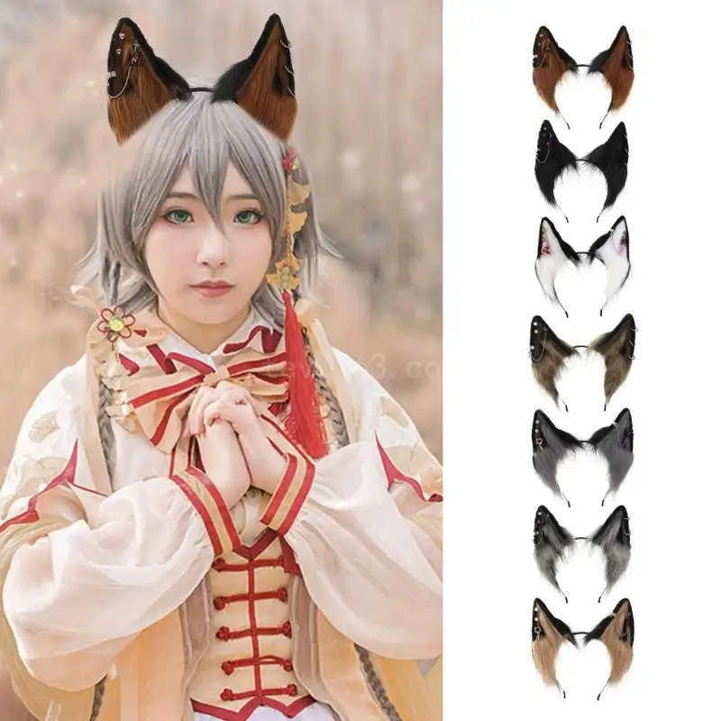 Cartoon Foxes Wolf Ear Shape Hair Hoop with Alloy Earring Decor Hair Holder Cosplay Party Headwear for Teenagers Adult