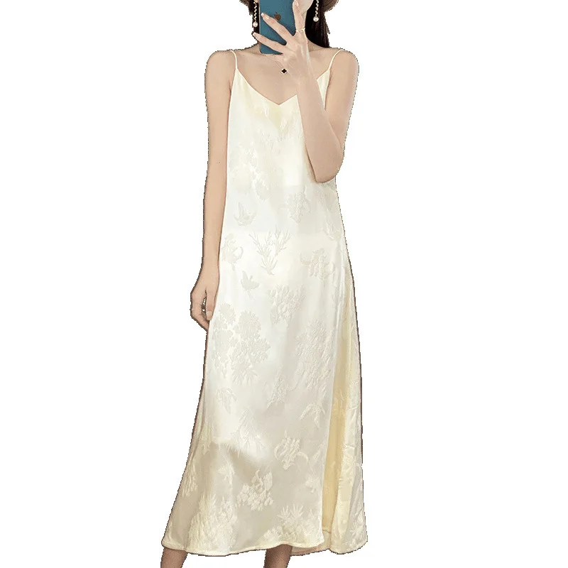 

French satin pendant, suspender dress women's summer, high-end, acetic acid printing skirt temperament silk medium and long