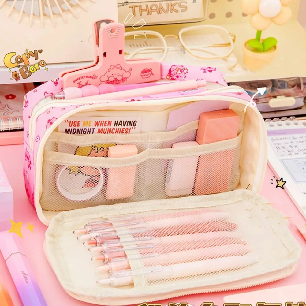 

Canvas Capybara Pen Bag Large Capacity Badge Display Cartoon Pencil Cases Storage Bag Multi Layer Stationery Bag