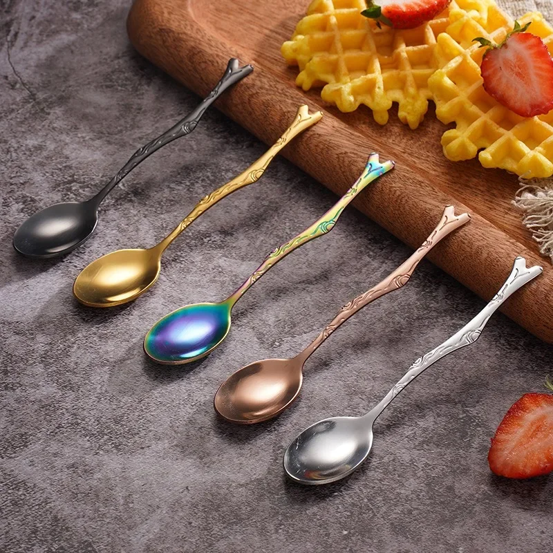 1PC Mori Small Fresh Branch Handle Stainless Steel Spork Spoon Coffee Cake Retro Dessert Spoon Fruit Fork With Hand Gift Bento