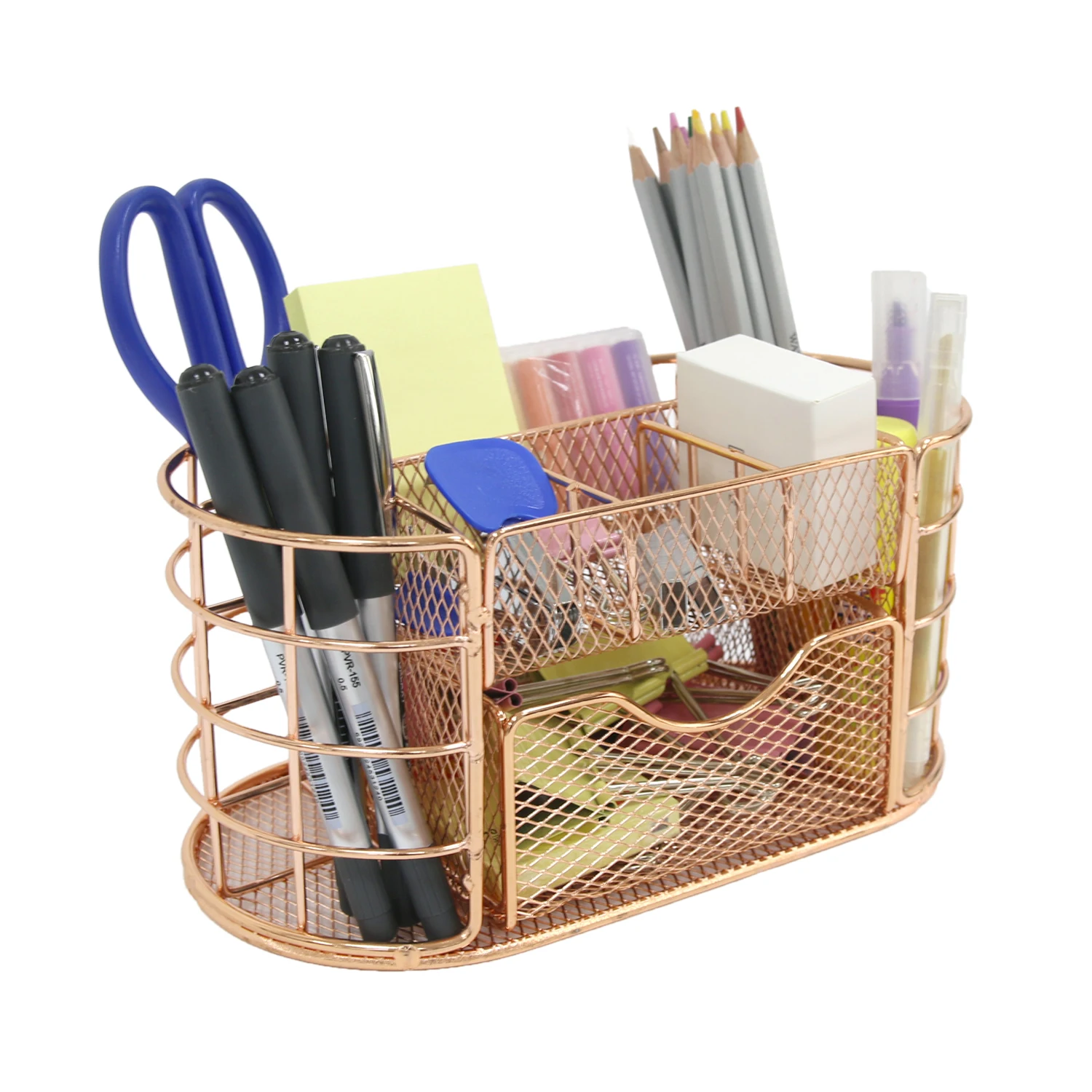 로즈 골드 데스크 정리 세트, 대형 금속 펜 홀더 (액세서리 포함), 내구성 있는 스테인리스 스틸 메이크업 브러쉬 컵, 다용도 O