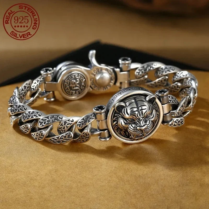 YISON Hot Sale 925 Sterling Silver Retro Personality Male Tang Grass Turning Transfer Tiger Bracelet for Men Fashion Jewelry