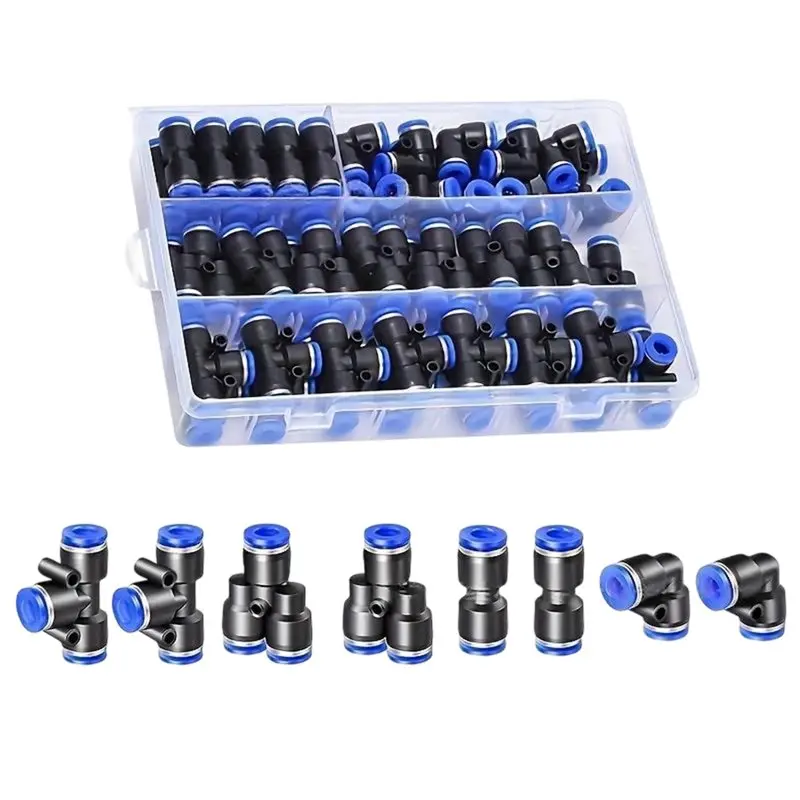 ABKO-Plastic Air Hose Fittings-Universal 1/4 Inch OD Quick Release Pneumatic Push To Connect 60Pcs Kit With 15 Spl