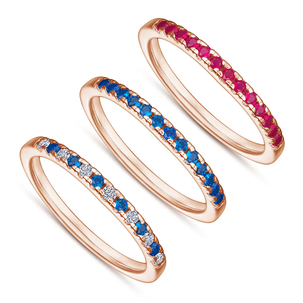 

S925 silver ring plated with 18K gold PT950 platinum single row diamond half circle ring rose gold blue gemstone ring