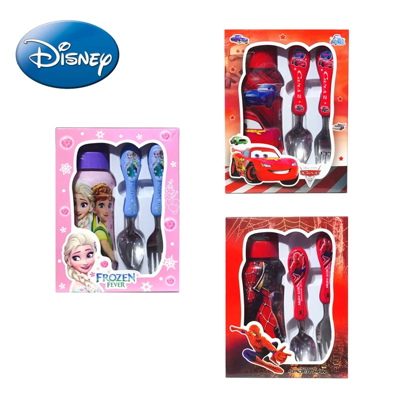 Juego de vajilla de dibujos animados de Disney para niños, conjunto de 3 piezas de Frozen, Spiderman, coches, tenedor, cuchara, taza de agua,