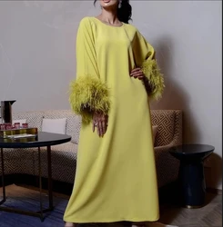 Vintage Yellow Prom dress Feather Half Sleeves O-Neck Formal Occasion Party Dress Dubai Evening Gowns 2024 Customized