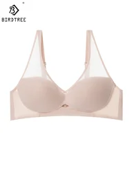 BirdTree, fodera 100% vera seta raccogliere reggiseno, donna rete senza ferretto, biancheria intima sottile traspirante francese, 2024 primavera estate P43968QM