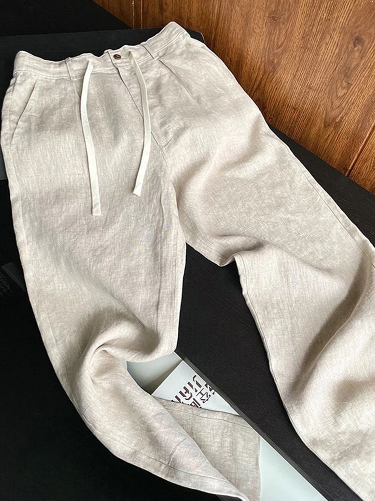 

Легкие белые льняные брюки из ледяного шелка для мужчин: летние, тонкие, свободные, прохладные, повседневные, широкие, длинные, модные, свободного кроя