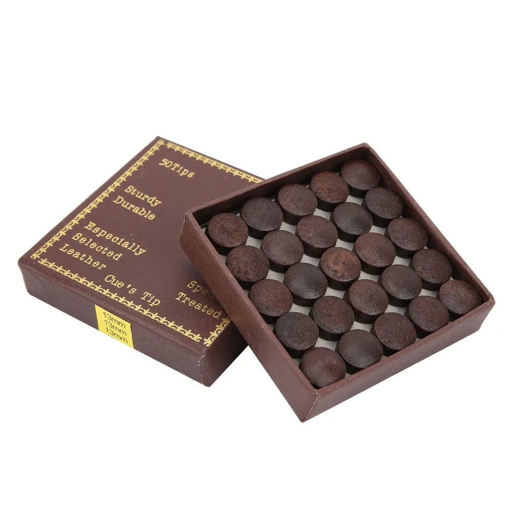 

50pcs Billiard Accessories 13MM Pool Billiard Cue Tips Cowhide Storage Box Billiard Cue Tips Red Brown Pool Stick Tips Pool Game