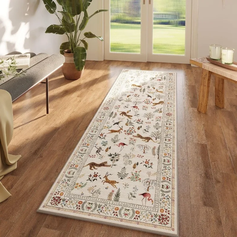 Böhmischer Wildlife Runner Teppich, Leoparden-Flamingo-Hirsch, Tierdruck, Teppich, Retro-Blumen-Fußmatte für Wohnzimmer, Schlafzimmer, Flur