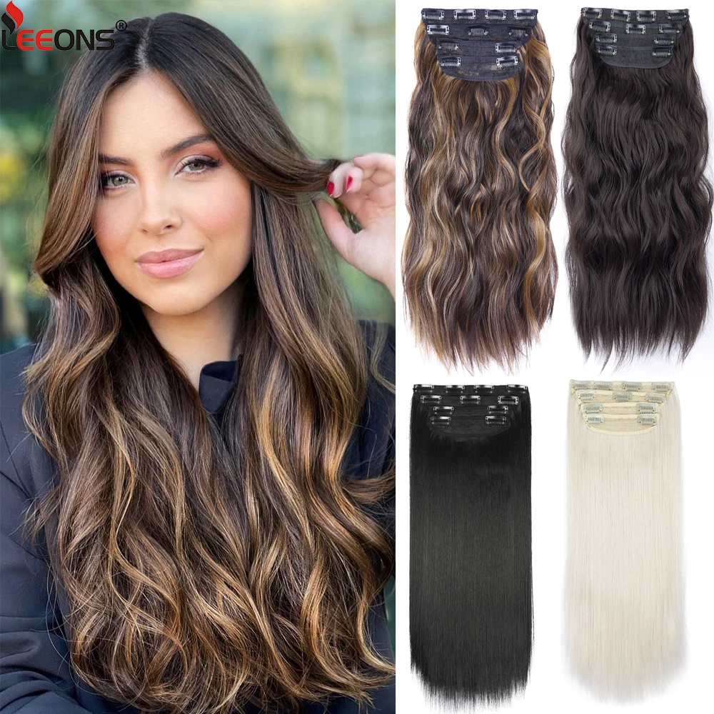 

Synthetic Long Wavy Hairstyles 20 Inch 11 Clip In Hair Extensions Black 4Pcs/Set Thick Hairpieces Heat Resistant For Women