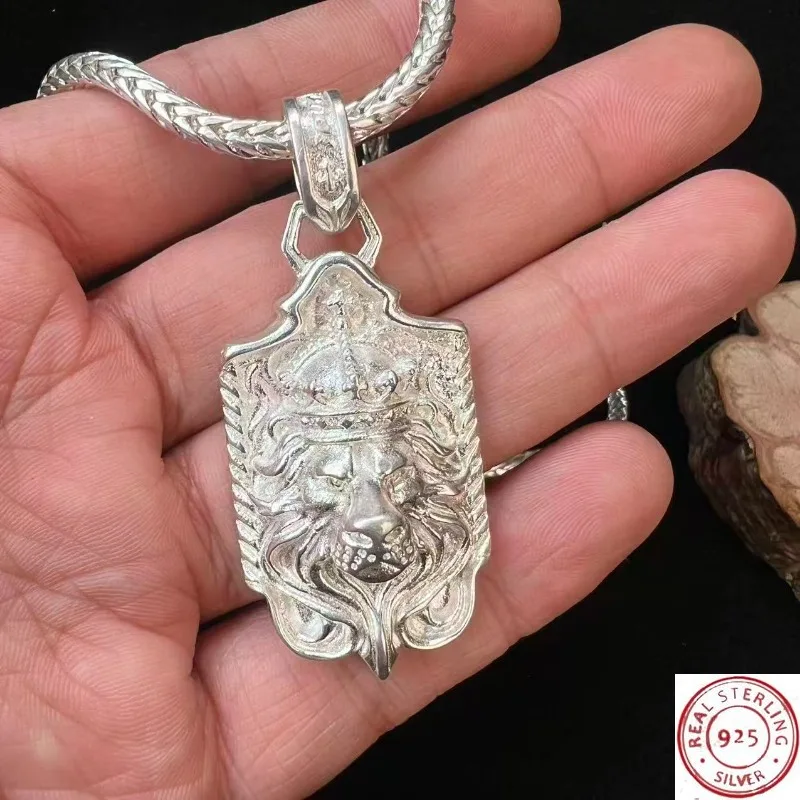 925 Silver Lion Pendant Necklace, Hip Hop for Men, Trendy Versatile Casual Fashion Jewelry