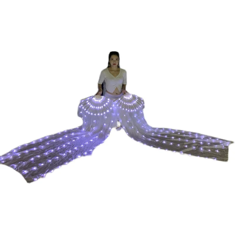 جديد الأبيض 1 زوج LED مروحة الحجاب الرقص الشرقي 100% الحرير مروحة الرقص الحجاب توهج الثناء مصباح ليد يصل العرض