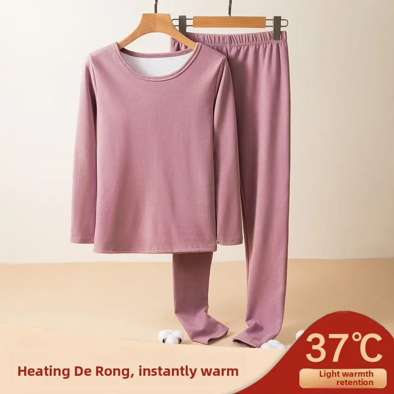 Thickened Pure Cotton Thermal Underwear Set for Women Warm Fleece Lined Long Sleeve round Neck Single Layer Youth Long Pants