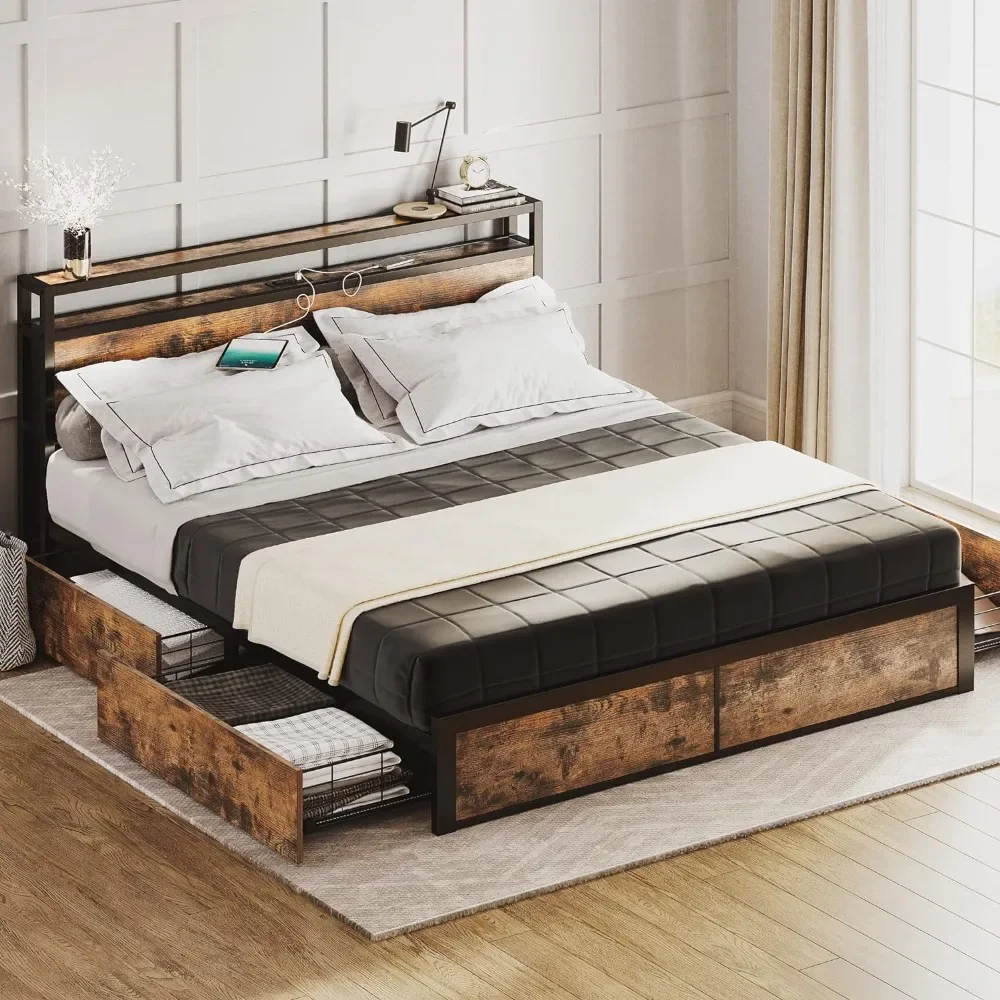 Queen Size Bed Frame, 2-Tier Storage Headboard with Charging Station, Easy Assembly, Bed Frame