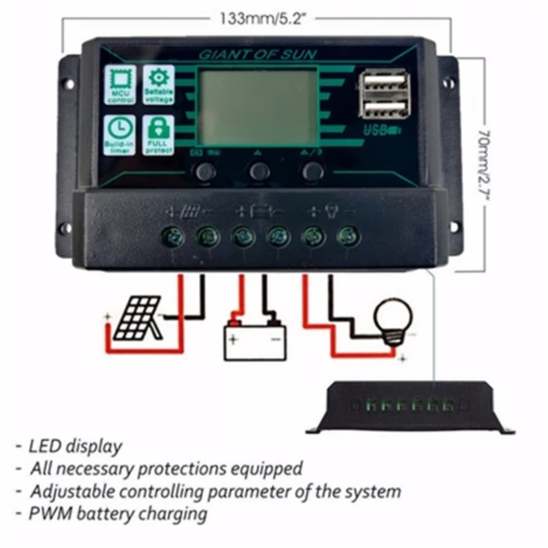 10/20/30/40/50/60A Solar Charge Controller 12V 24V Automatic Solar Cells Charging Board Controller USB 5V LCD Display Regulator