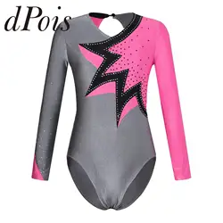 Kids Rhythmic Gymnastics Jumpsuit for Girls Ballet Dance Leotard Long Sleeve Keyhole Back Color Block Yoga Skating Bodysuit