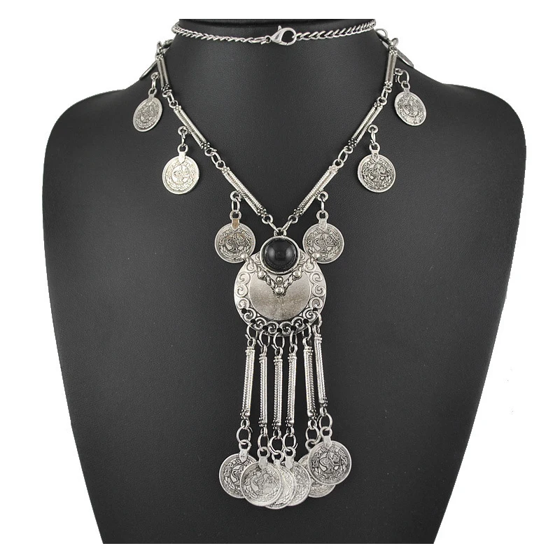 Trendy Bohemian Long Necklace For Women Vintage Ethnic Gypsy Boho Beach Antique Silver Color Necklace Coin Tassel Turkey Jewelry