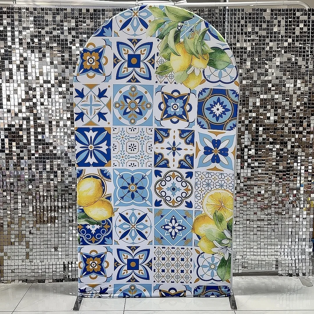 Mediterranean Lemon Arch Backdrop Cover Double-Sided Patchwork Tile Positano Morocco Birthday Party Background