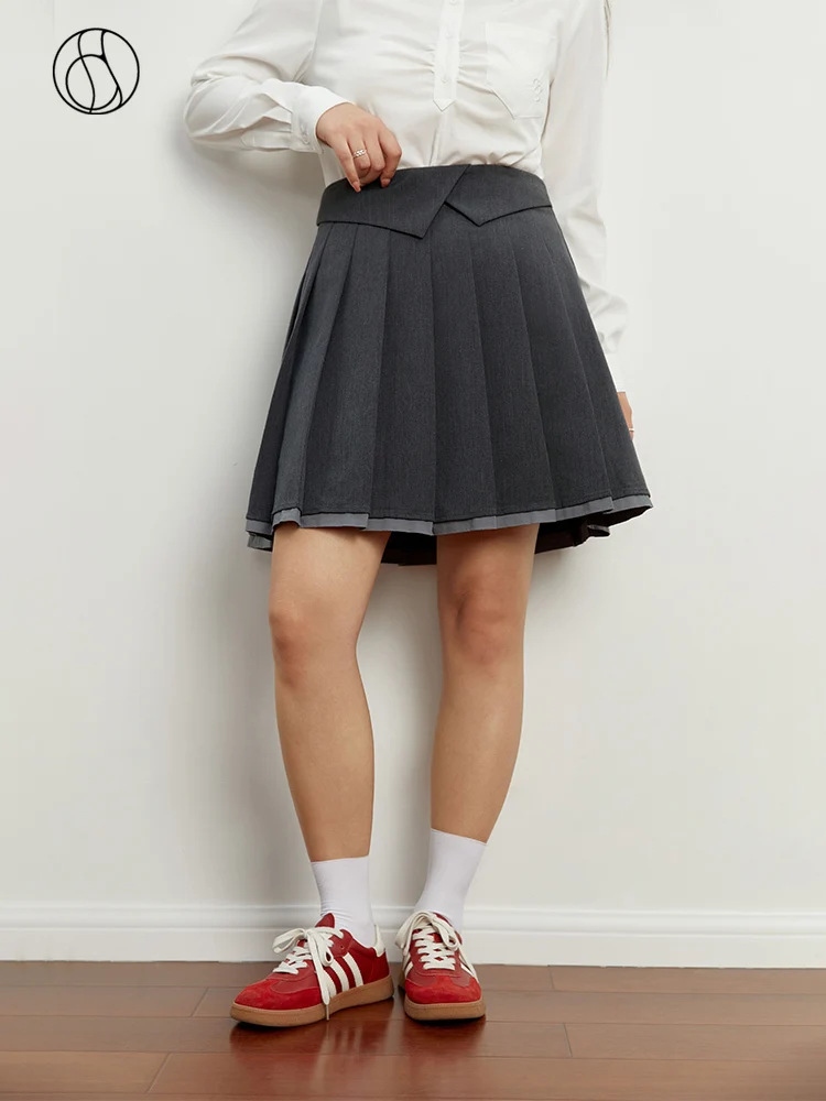 DUSHU All-match College Literary Style Grey Pleated Skirt for Women Autumn Chic Sense Splicing Design High Waist Skirt Female