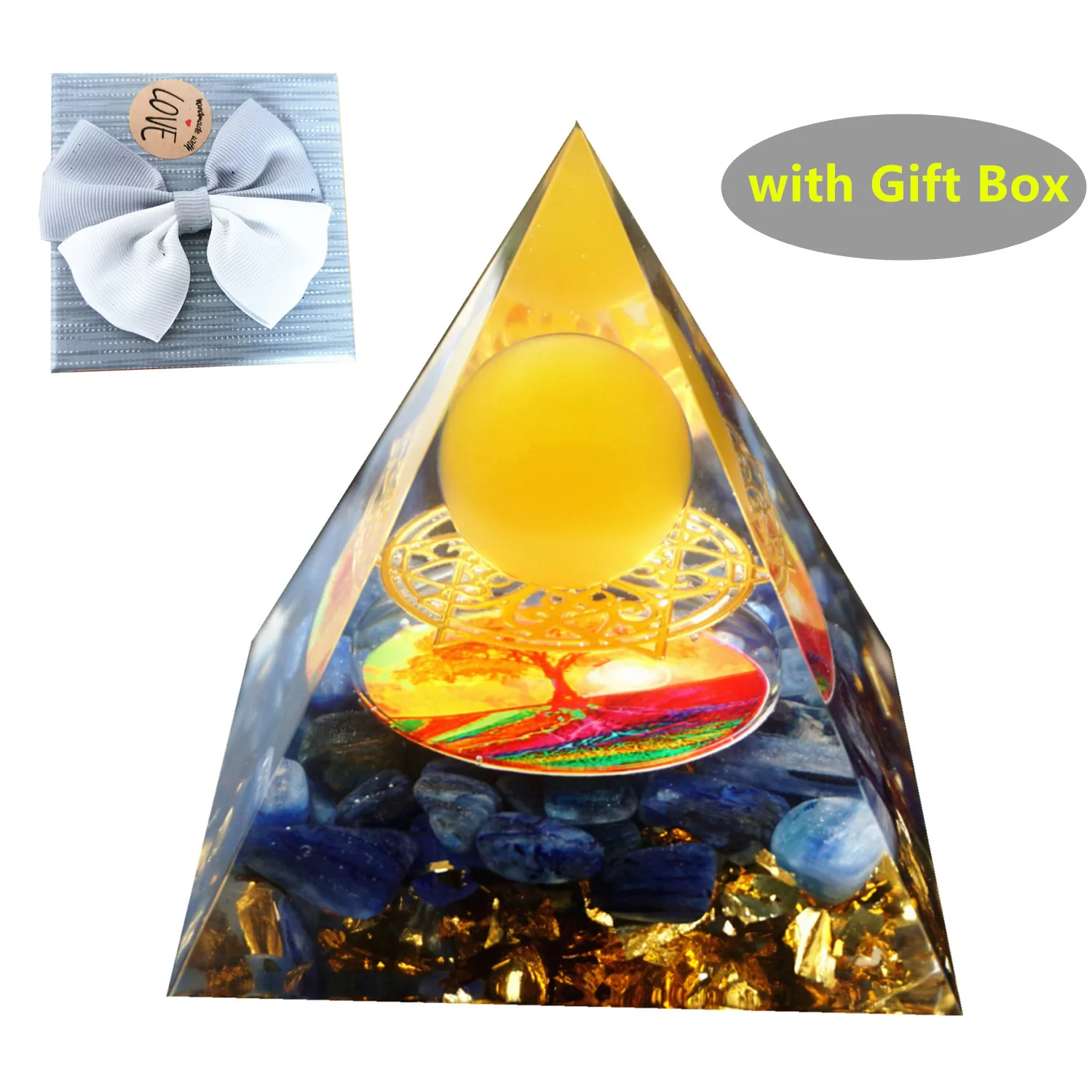 Orgonite Pyramid Yellow Agate Sphere & Kyanite Crystal Orgone Tree Of Life Reiki Symbol Energy Healing Pyramide